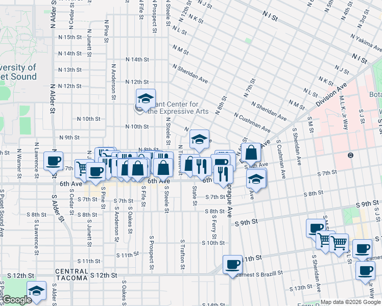 map of restaurants, bars, coffee shops, grocery stores, and more near 655 North State Street in Tacoma