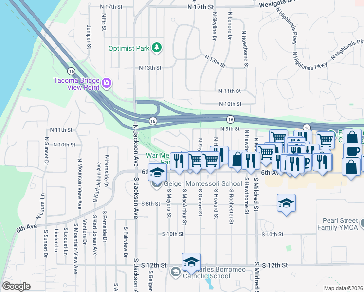 map of restaurants, bars, coffee shops, grocery stores, and more near 7322 Skyview Lane North in Tacoma