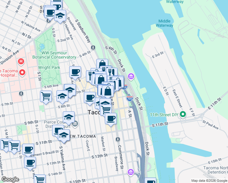 map of restaurants, bars, coffee shops, grocery stores, and more near 701 Commerce Street in Tacoma