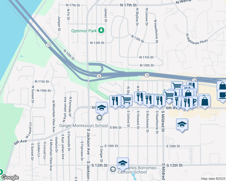 map of restaurants, bars, coffee shops, grocery stores, and more near 7311 North Skyview Place in Tacoma