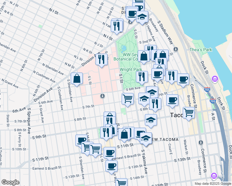 map of restaurants, bars, coffee shops, grocery stores, and more near 603 South J Street in Tacoma