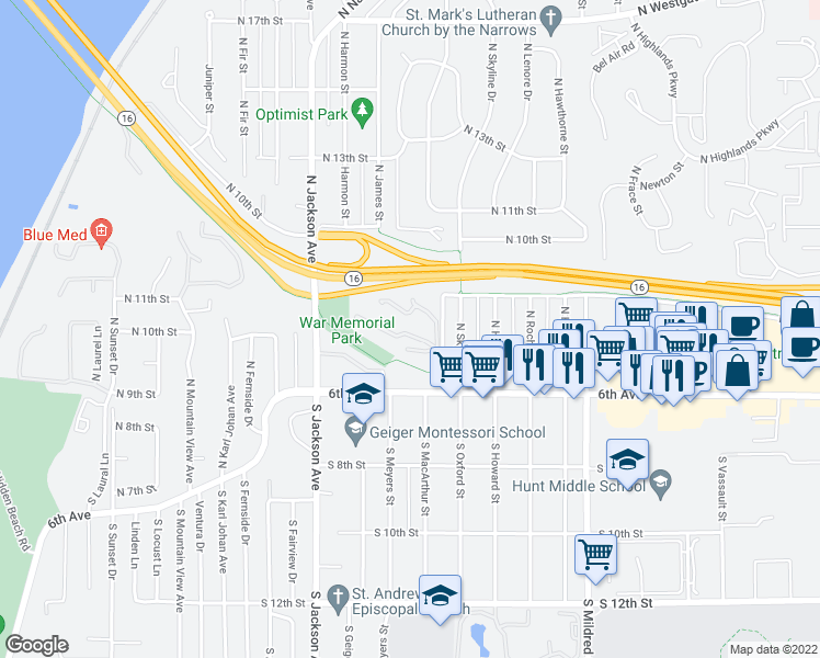 map of restaurants, bars, coffee shops, grocery stores, and more near 7322 Skyview Lane North in Tacoma