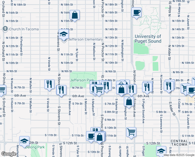 map of restaurants, bars, coffee shops, grocery stores, and more near 3915 North 8th Street in Tacoma
