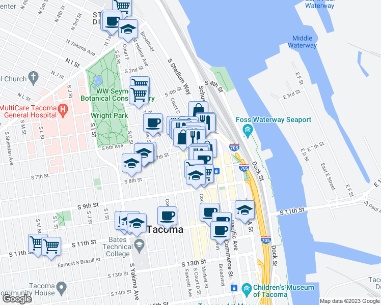 map of restaurants, bars, coffee shops, grocery stores, and more near 705 Broadway in Tacoma