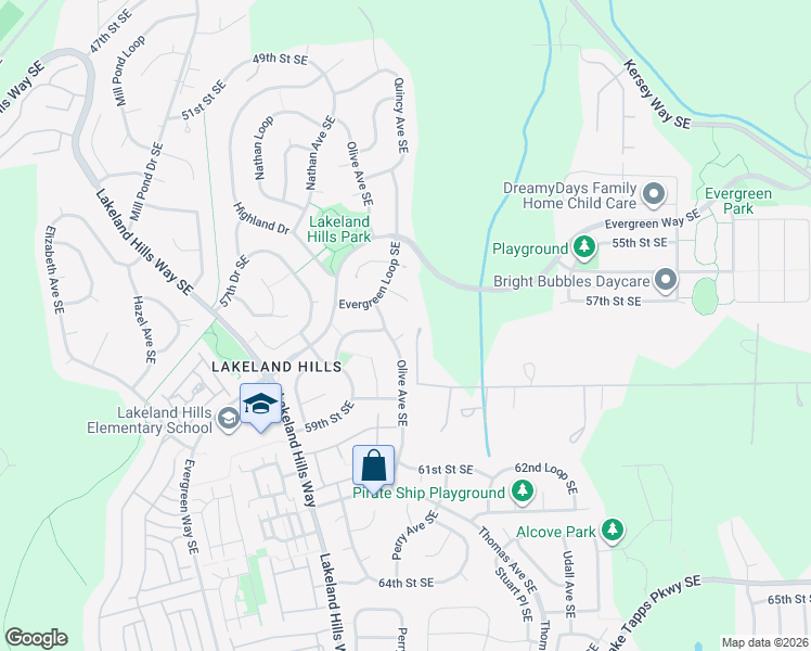 map of restaurants, bars, coffee shops, grocery stores, and more near 5712 Olive Avenue Southeast in Auburn