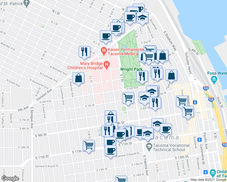 map of restaurants, bars, coffee shops, grocery stores, and more near 999 South 6th Avenue in Tacoma