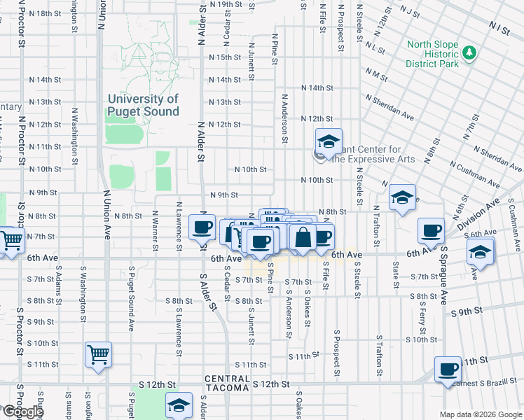 map of restaurants, bars, coffee shops, grocery stores, and more near 807 North Pine Street in Tacoma