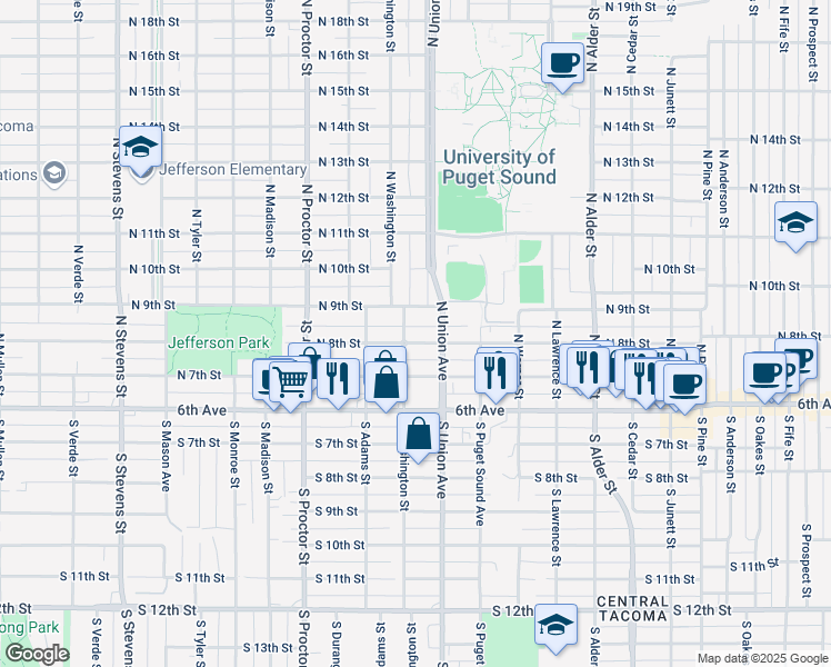 map of restaurants, bars, coffee shops, grocery stores, and more near 814 North Union Avenue in Tacoma