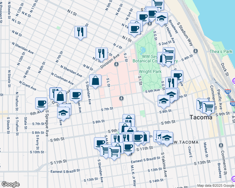 map of restaurants, bars, coffee shops, grocery stores, and more near 515 South L Street in Tacoma