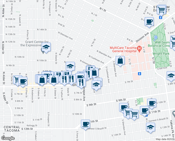 map of restaurants, bars, coffee shops, grocery stores, and more near 636 North Sprague Avenue in Tacoma