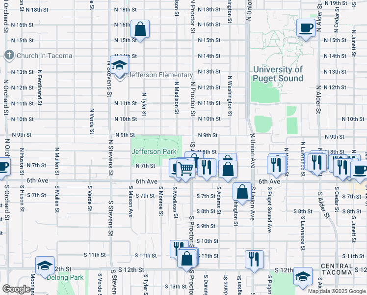 map of restaurants, bars, coffee shops, grocery stores, and more near 3915 North 8th Street in Tacoma