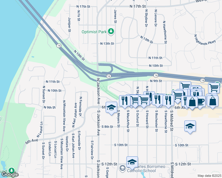 map of restaurants, bars, coffee shops, grocery stores, and more near 7324 North Skyview Place in Tacoma