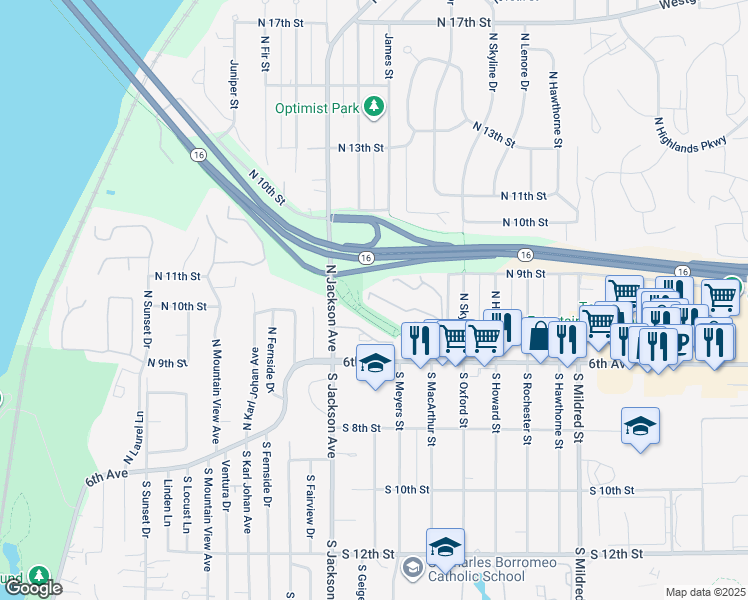 map of restaurants, bars, coffee shops, grocery stores, and more near 7324 North Skyview Place in Tacoma