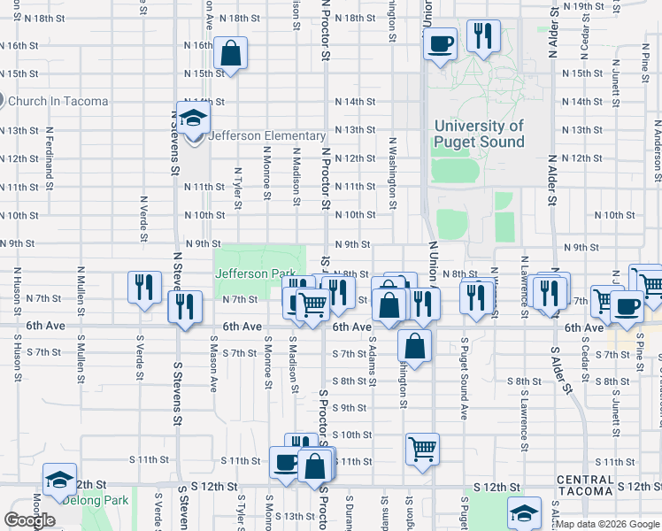 map of restaurants, bars, coffee shops, grocery stores, and more near 807 North Proctor Street in Tacoma