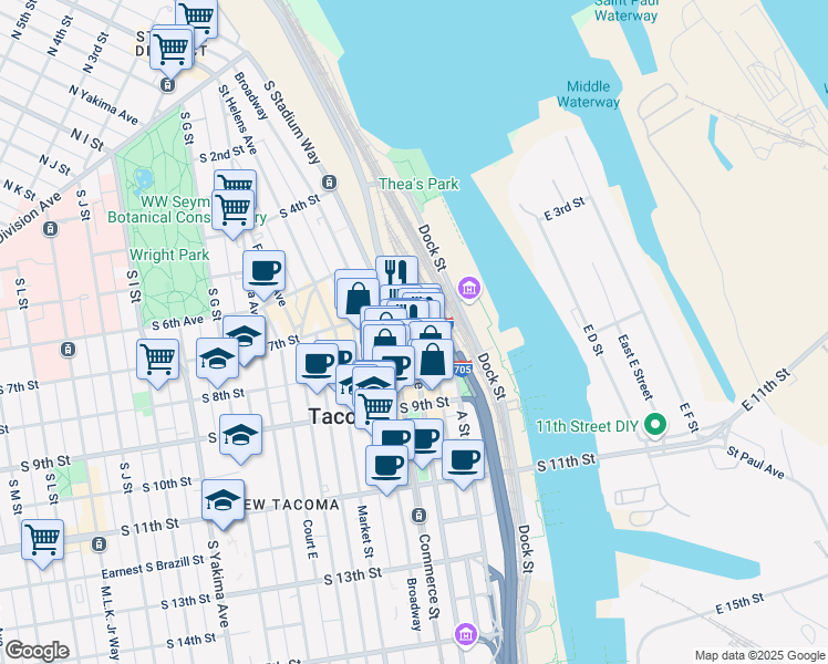 map of restaurants, bars, coffee shops, grocery stores, and more near Pacific Avenue & South 7th Street in Tacoma