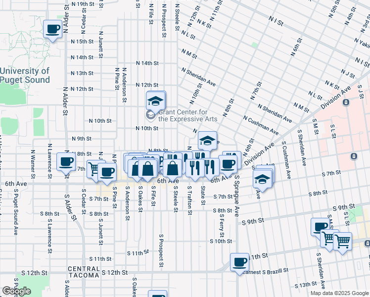 map of restaurants, bars, coffee shops, grocery stores, and more near 2303 North 8th Street in Tacoma