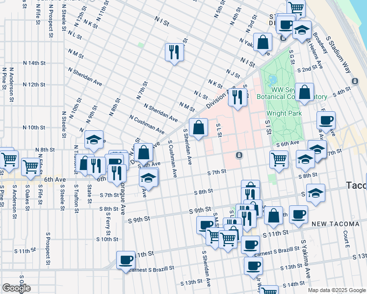 map of restaurants, bars, coffee shops, grocery stores, and more near 506 South Sheridan Avenue in Tacoma