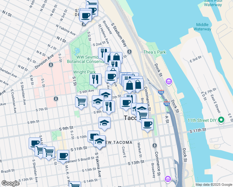 map of restaurants, bars, coffee shops, grocery stores, and more near 611 Tacoma Avenue South in Tacoma
