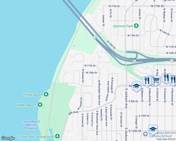 map of restaurants, bars, coffee shops, grocery stores, and more near 7913 North 10th Street in Tacoma