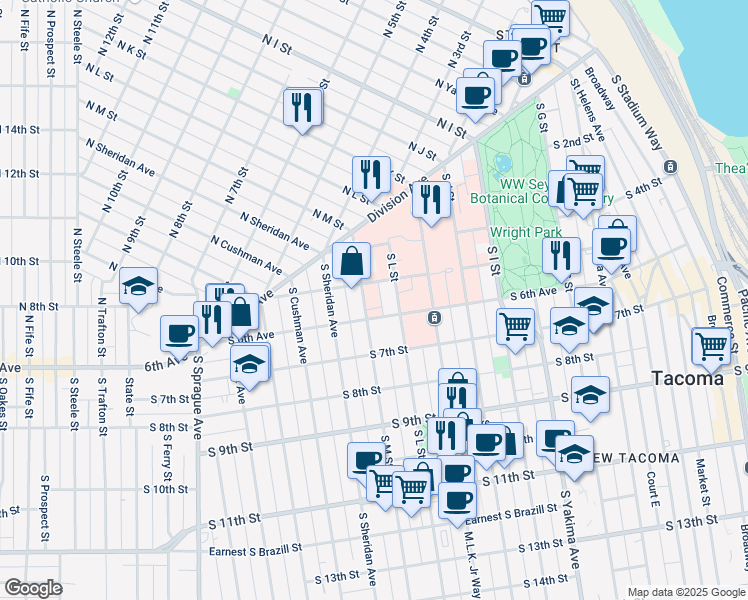 map of restaurants, bars, coffee shops, grocery stores, and more near 515 South M Street in Tacoma