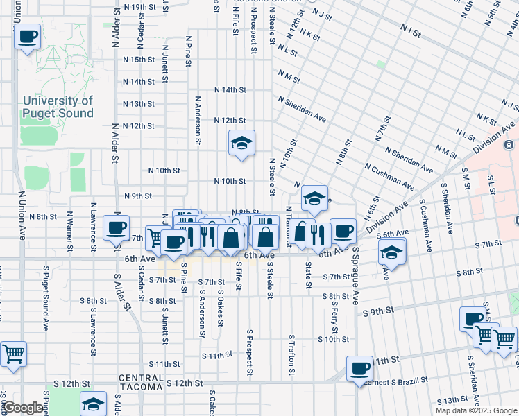 map of restaurants, bars, coffee shops, grocery stores, and more near 801 North Prospect Street in Tacoma