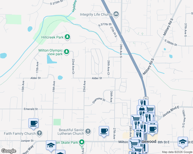 map of restaurants, bars, coffee shops, grocery stores, and more near 2317 Alder Street in Milton