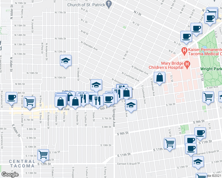 map of restaurants, bars, coffee shops, grocery stores, and more near 636 North Sprague Avenue in Tacoma