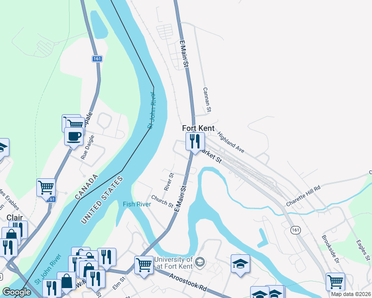 map of restaurants, bars, coffee shops, grocery stores, and more near 65 East Main Street in Fort Kent