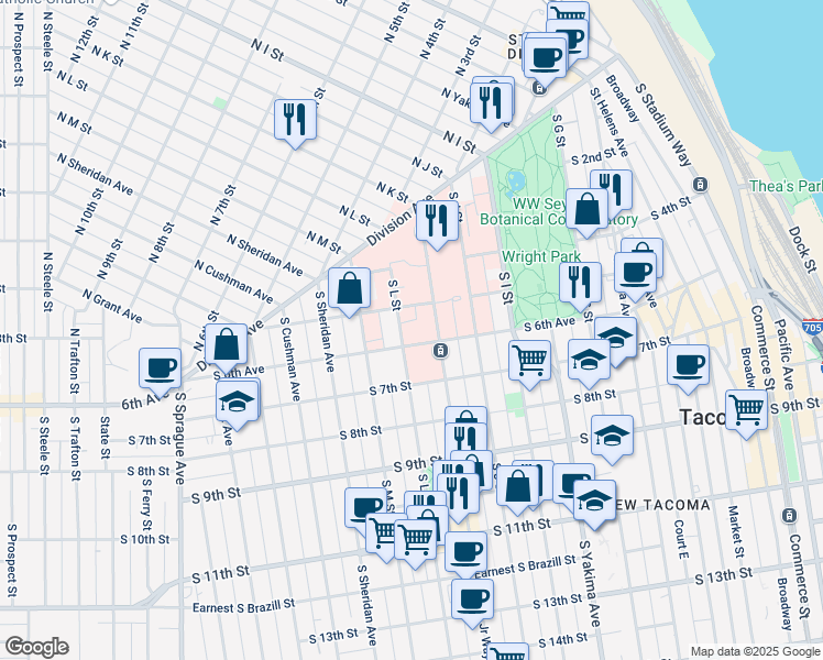 map of restaurants, bars, coffee shops, grocery stores, and more near 515 South L Street in Tacoma