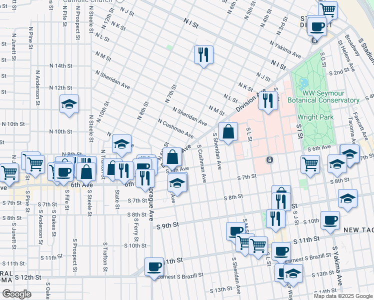 map of restaurants, bars, coffee shops, grocery stores, and more near 1608 South 5th Street in Tacoma