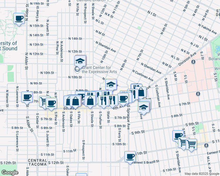 map of restaurants, bars, coffee shops, grocery stores, and more near 655 North State Street in Tacoma