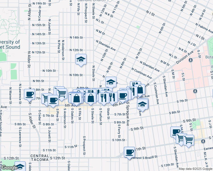 map of restaurants, bars, coffee shops, grocery stores, and more near 655 North State Street in Tacoma