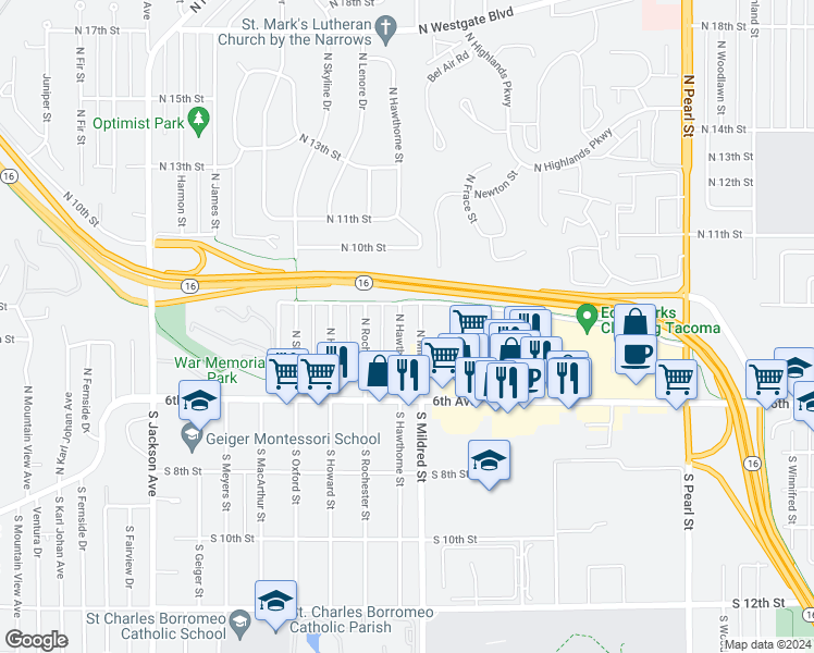 map of restaurants, bars, coffee shops, grocery stores, and more near 651 North Hawthorne Street in Tacoma
