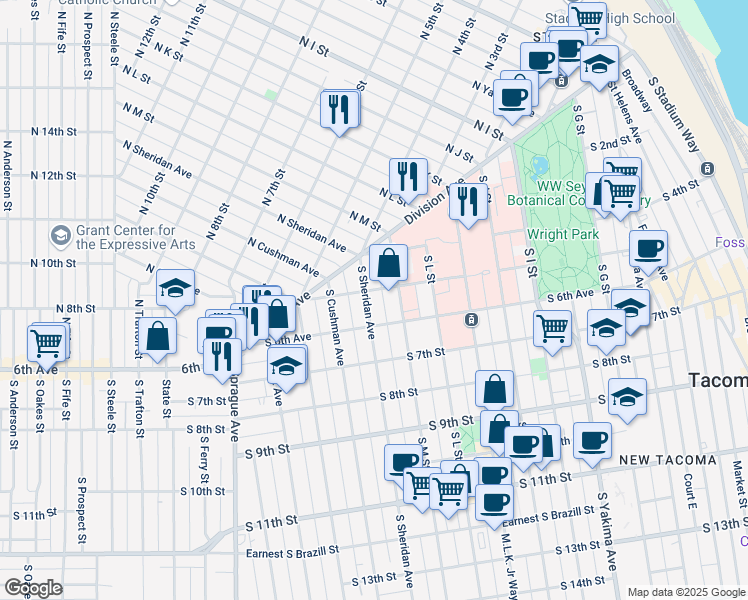 map of restaurants, bars, coffee shops, grocery stores, and more near 505 South Sheridan Avenue in Tacoma