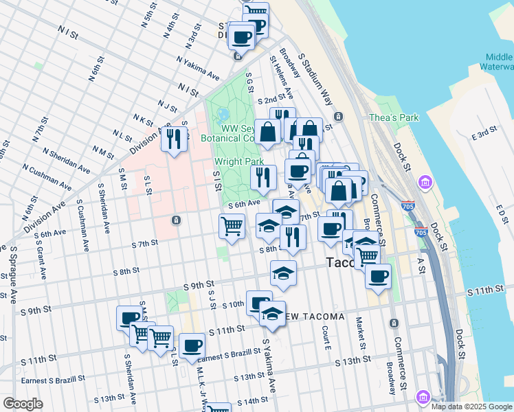 map of restaurants, bars, coffee shops, grocery stores, and more near 712 6th Avenue in Tacoma