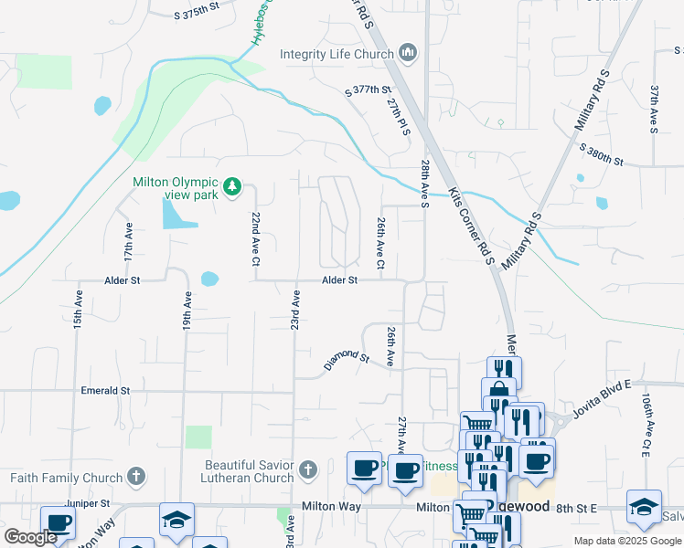 map of restaurants, bars, coffee shops, grocery stores, and more near 2317 Alder Street in Milton