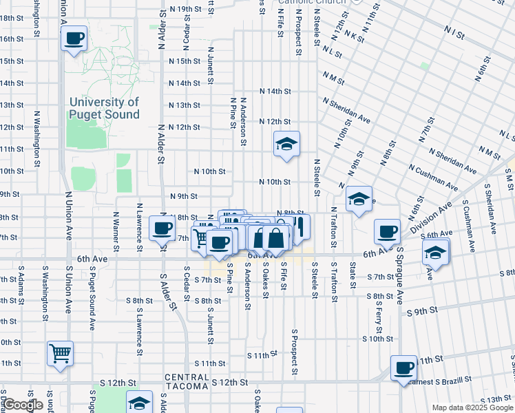 map of restaurants, bars, coffee shops, grocery stores, and more near 2705 North 8th Street in Tacoma