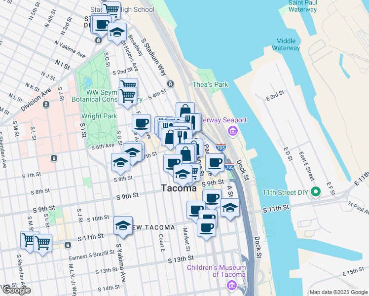 map of restaurants, bars, coffee shops, grocery stores, and more near 705 Broadway in Tacoma