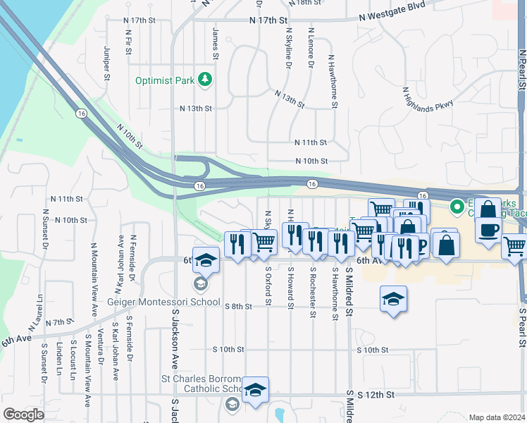 map of restaurants, bars, coffee shops, grocery stores, and more near 650 North Skyline Drive in Tacoma