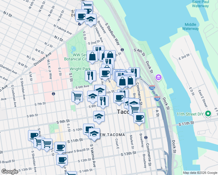 map of restaurants, bars, coffee shops, grocery stores, and more near 611 Tacoma Avenue South in Tacoma