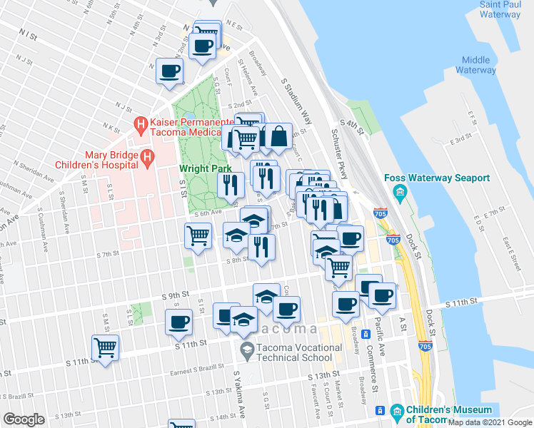 map of restaurants, bars, coffee shops, grocery stores, and more near 611 Tacoma Avenue South in Tacoma