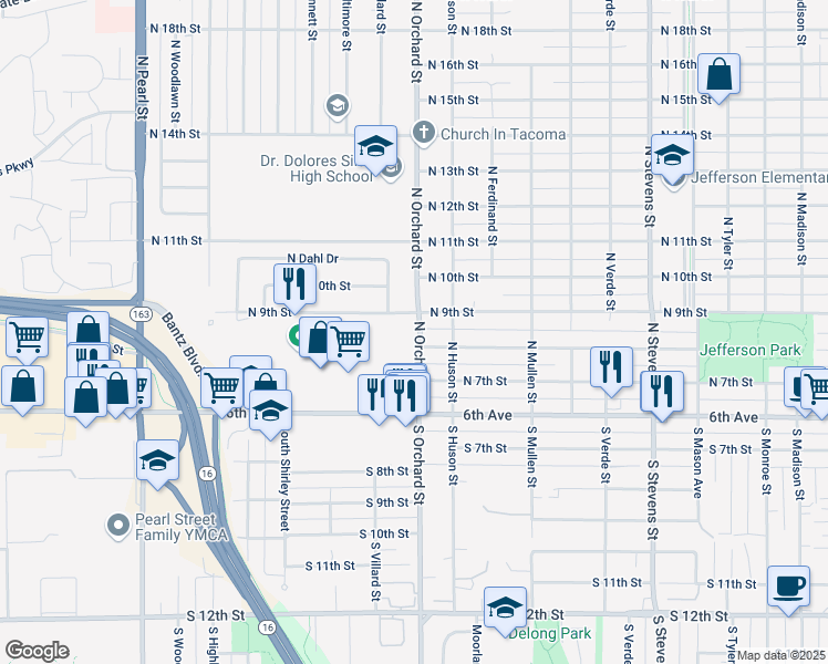 map of restaurants, bars, coffee shops, grocery stores, and more near 812 North Orchard Street in Tacoma