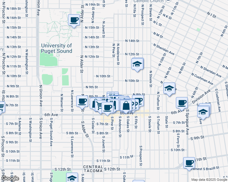 map of restaurants, bars, coffee shops, grocery stores, and more near 807 North Pine Street in Tacoma