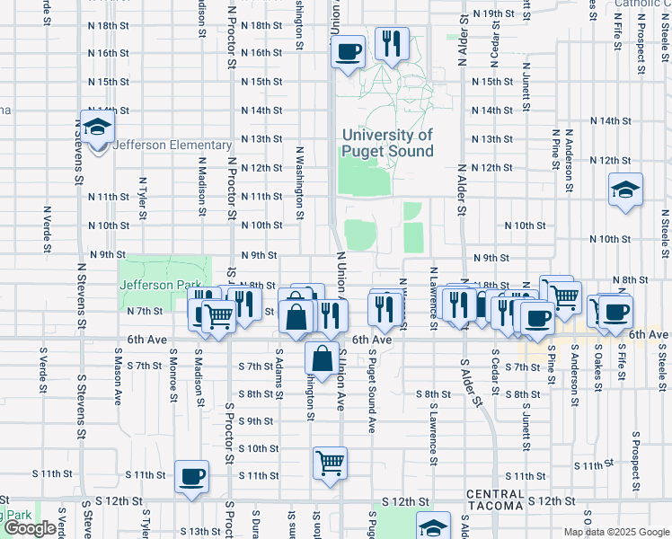 map of restaurants, bars, coffee shops, grocery stores, and more near 814 North Union Avenue in Tacoma