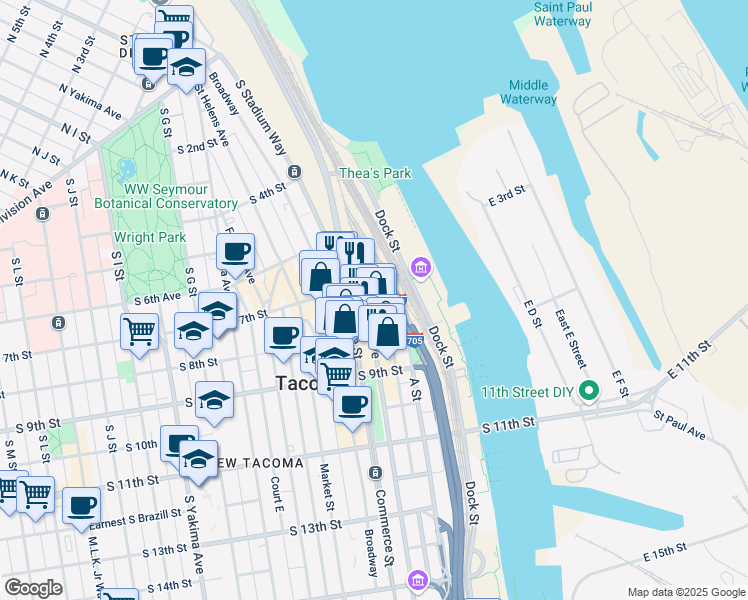 map of restaurants, bars, coffee shops, grocery stores, and more near 621 Pacific Avenue in Tacoma