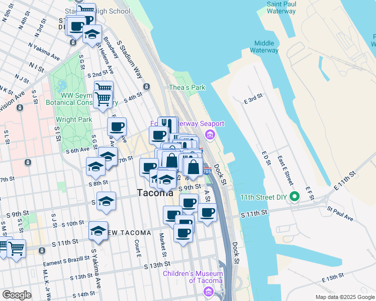 map of restaurants, bars, coffee shops, grocery stores, and more near 621 Pacific Avenue in Tacoma
