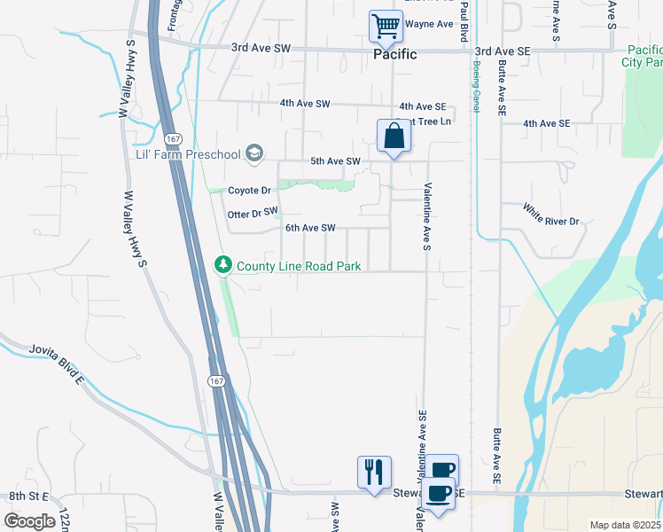 map of restaurants, bars, coffee shops, grocery stores, and more near 625 Glacier Avenue South in Pacific