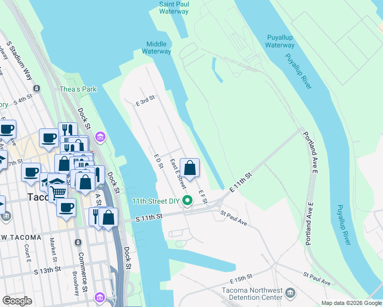 map of restaurants, bars, coffee shops, grocery stores, and more near 715 East F Street in Tacoma