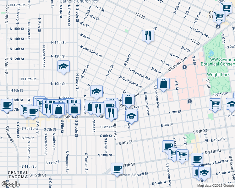 map of restaurants, bars, coffee shops, grocery stores, and more near 636 North Sprague Avenue in Tacoma