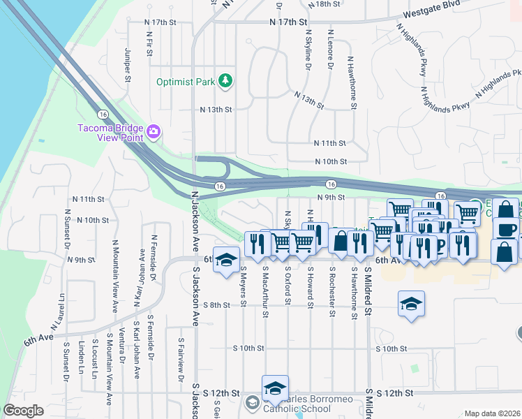 map of restaurants, bars, coffee shops, grocery stores, and more near 7322 Skyview Lane North in Tacoma